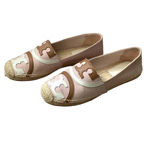 Tory Buch Poppy Canvas Patent Espadrille Flats in Pink/White/Brown - Picture 5 of 9
